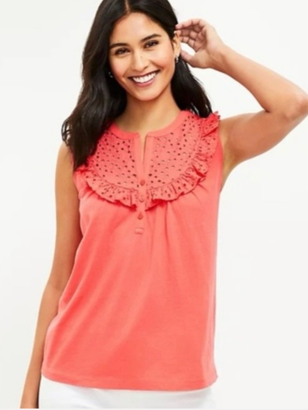 ZLOFT Coral Eyelet Yoke Sleeveless Top Size L